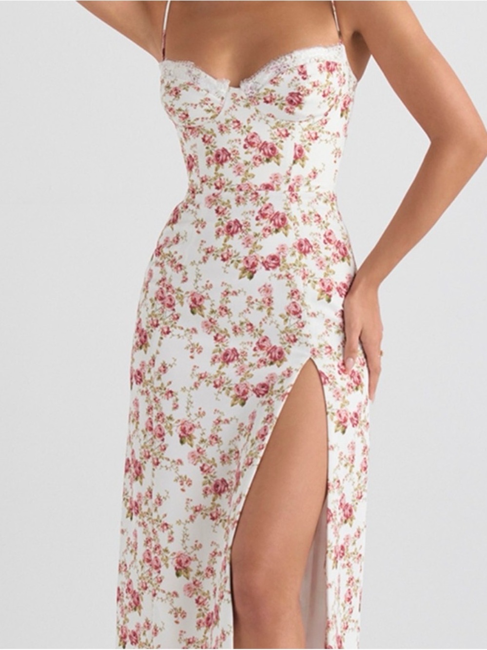 House of CB Floral Lace-Trim White Maxi Dress with Pink Rose Print